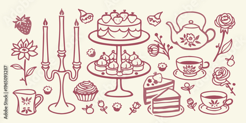 A charming collection of desserts and floral elements a delicate silhouette