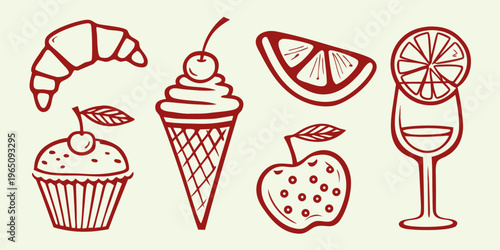 Sweet treats and beverages depicted in a hand drawn silhouette