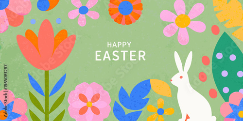Colorful floral background with a white rabbit and happy easter message silhouette