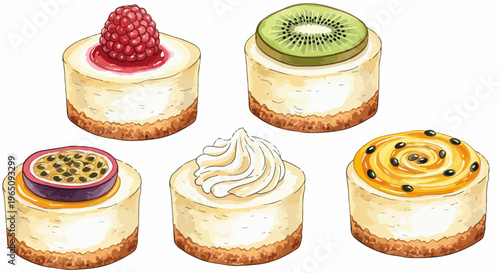 Illustrazione di diverse mini cheesecake gourmet decorate con frutta fresca come lamponi e kiwi, ideali per menu di pasticceria raffinata.
