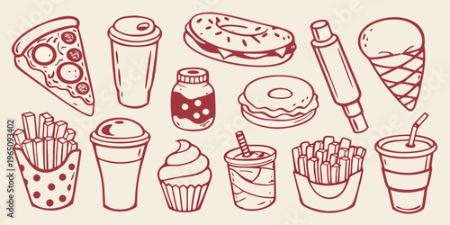 Hand drawn fast food and sweet treats in a playful silhouette