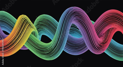 Sfondo astratto con onde dinamiche in 3D dai colori dell'arcobaleno su un fondo nero intenso, ideale per design grafico moderno e creativo.