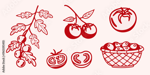 Red tomato illustrations with leaves and a basket paper cut silhouette