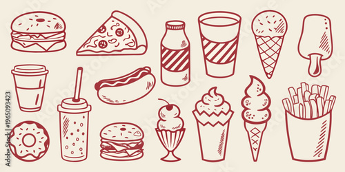 Hand drawn fast food and sweet treats in red silhouette