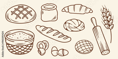 Assorted baked goods and wheat sketch with a hand drawn silhouette