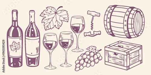 Wine bottles glasses and a barrel in a hand drawn style silhouette