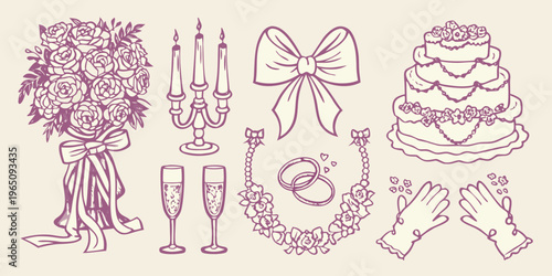 Wedding elements including cake flowers and champagne a hand drawn silhouette