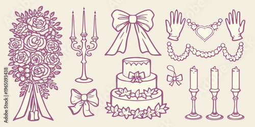 Vintage wedding elements arranged as a delicate sketched silhouette