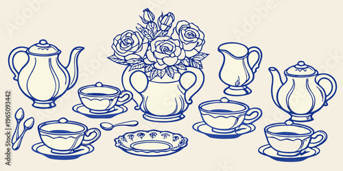 Blue line art of teaware and roses a decorative silhouette