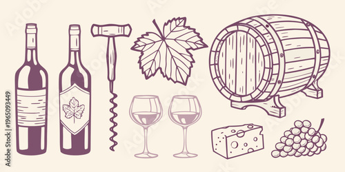 Wine making elements including bottles barrel and cheese silhouette