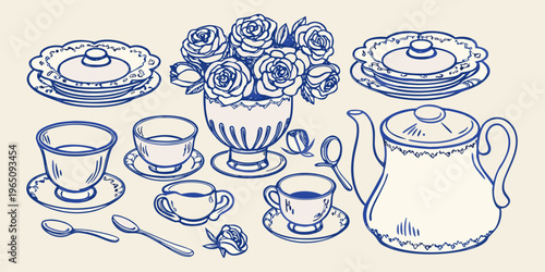 Vintage tea set with roses in a vase blue line art silhouette