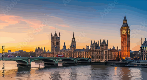 Veduta panoramica del Palazzo di Westminster con il Big Ben e il ponte di Westminster al tramonto sul fiume Tamigi a Londra, Inghilterra.