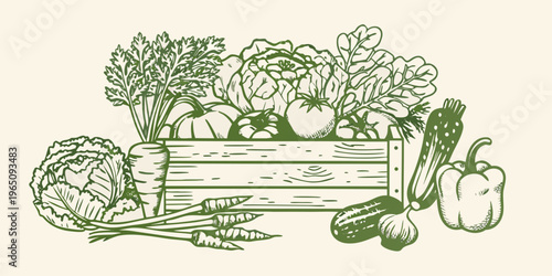 Abundant harvest of fresh vegetables arranged in a wooden crate silhouette