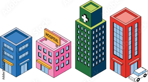 Hospital building icon with colorful cityscape and medical center illustration