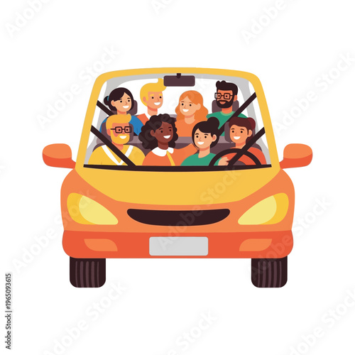 Illustration of a diverse group of people inside an orange car, conveying a gas saving and fuel efficiency concept with eco driving and energy conservation for transportation.