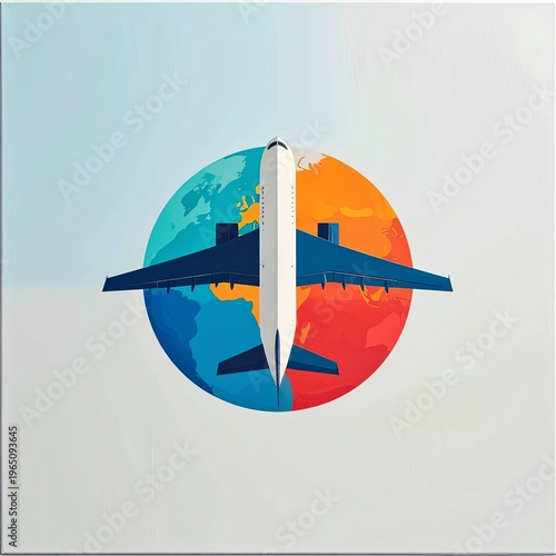 Conceptual illustration of an airplane in flight around a vibrant, stylized globe, symbolizing global connectivity, international travel, and exploration across diverse regions