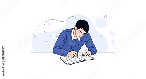 Young man studying and writing in a notebook, focused on his work
