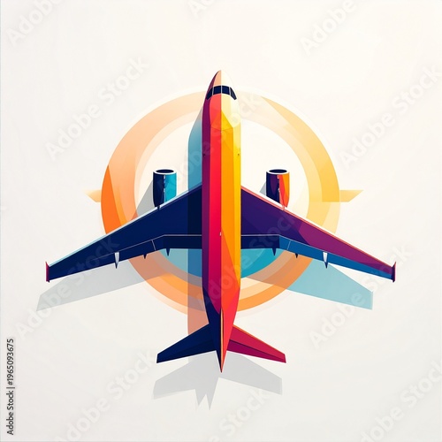 Colorful Airplane Illustration Viewed From Above with Circular Graphic Elements and Shadow