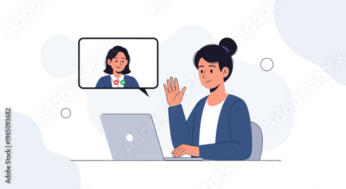 Woman waving hello during video call on laptop, online communication concept