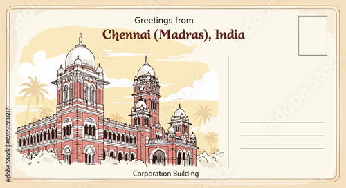 Una cartolina postale d'epoca raffigurante il Ripon Building a Chennai, Madras, con un design classico ideale per viaggi e turismo in India.