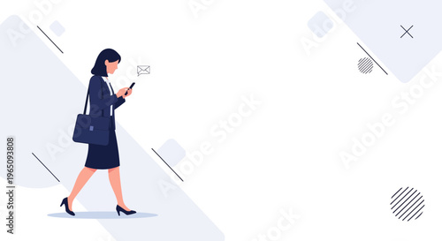 Businesswoman walking and texting on phone, modern abstract background
