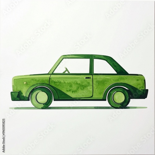 Artistic watercolor of a green car, rendered with fluid brushstrokes and vibrant hues, depicting a classic automobile with a fresh, painterly touch