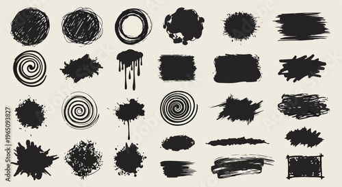 Collezione di pennellate nere e macchie d'inchiostro grunge con forme circolari e rettangolari su sfondo chiaro per design grafico creativo.