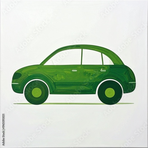 Stylized vibrant green compact car illustration representing eco-friendly urban mobility with a clean, minimalist design and modern appeal against a white backdrop