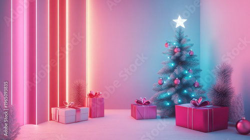 Futuristic Christmas scene with neon glow and pastel tones modern minimal holiday aesthetic