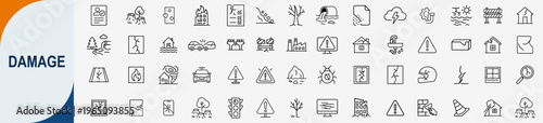 Damage and destruction insurance claim line icons set, vector.
