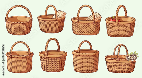 Una collezione di otto illustrazioni di cestini di vimini intrecciati a mano in vari stili con manici, perfetti per picnic e decorazioni rustiche.