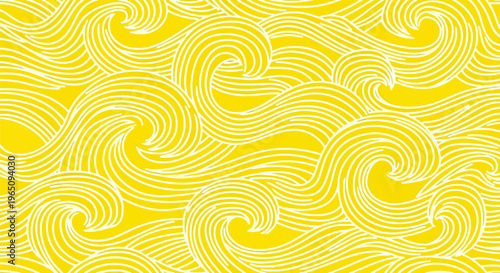 Motivo grafico vettoriale con linee curve sinuose di colore giallo brillante e bianco, perfetto per tessuti, carta da parati o sfondi web.