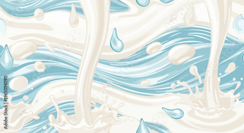 Sfondo grafico con schizzi dinamici di latte bianco e acqua azzurra, ideale per packaging di prodotti lattiero-caseari e bevande.