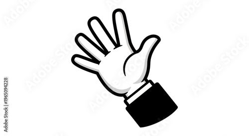 A cartoon hand with black and white coloring raised in a stop gesture on a plain white background.
