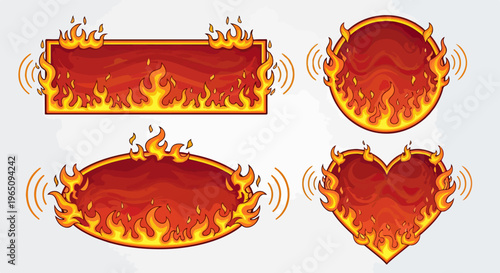 Set di quattro cornici grafiche infuocate con forme diverse come cuore, cerchio e rettangolo, ideali per messaggi dinamici e avvertimenti di calore.