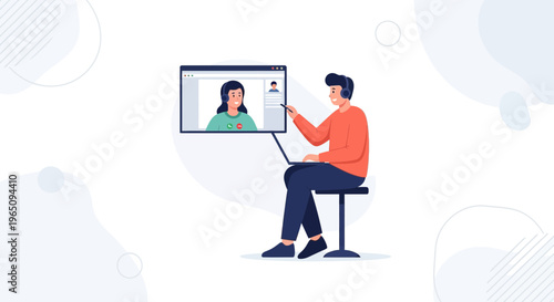 Online Meeting: Man on Laptop Video Calls Colleague with Headphones