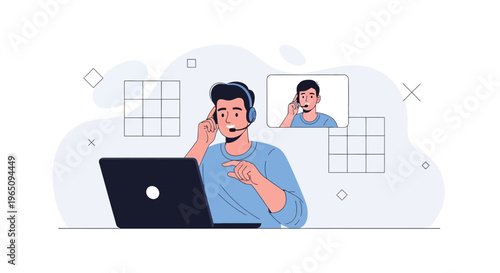 Man in headset on video call with colleague, working remotely on laptop