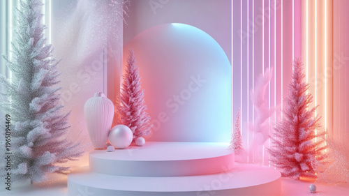 Futuristic Christmas scene with neon glow and pastel tones modern minimal holiday aesthetic