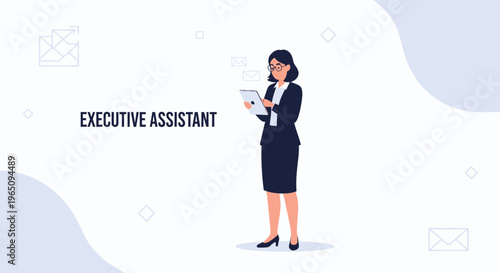 Executive Assistant Working on Tablet with Email Icons, Business Woman