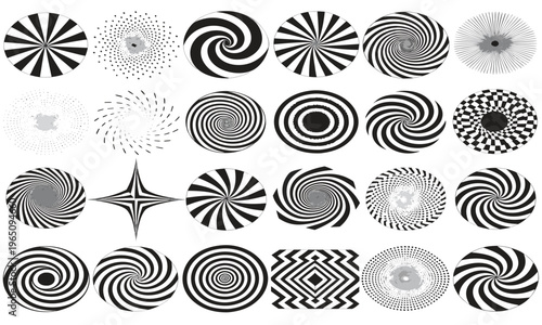 A collection of twenty three black and white optical illusion patterns primarily spirals and radial designs arranged on a white background high quality professional detailed modern