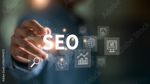Quadro su tela Global SEO optimization concept focused on keyword strategy, search visibility, content performance, analytics, and organic traffic growth to enhance online presence and digital competitiveness