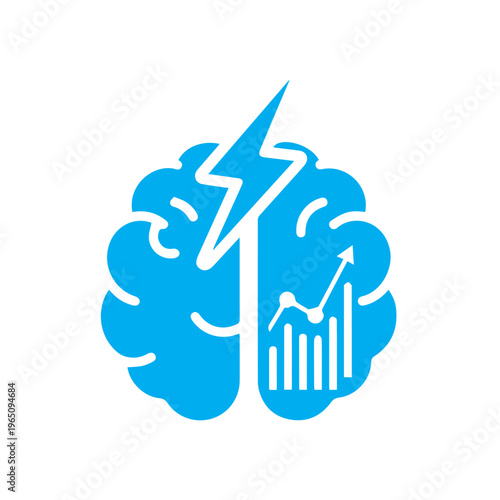 Blue brain icon combines a lightning bolt and an upward trending bar chart representing fast intelligence and growth.