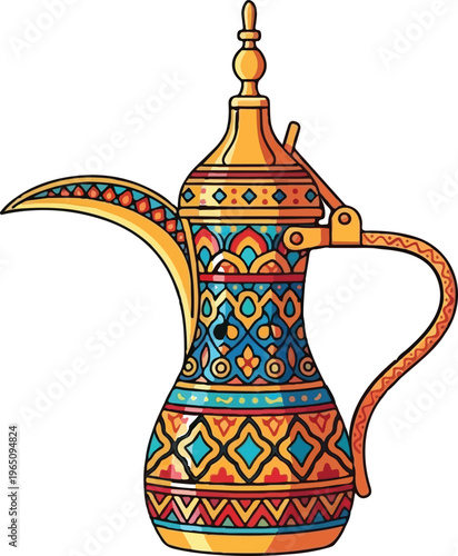 Traditional arabic coffee pot intricately designed with vibrant geometric patterns and rich cultural motifs for serving beverages Vector