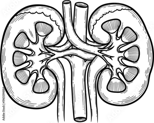 Human Renal System Kidneys Anatomy Hand Drawn Line Art