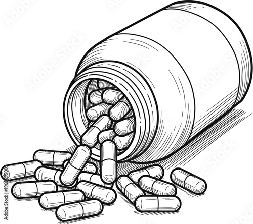 Pill Bottle Spilling Capsules Medical Hand Drawn Line Art Illustration