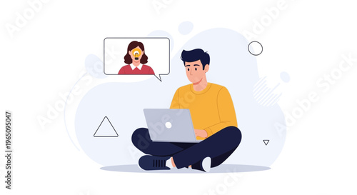 Man on Laptop Video Call with Woman Having Idea, Online Communication Concept