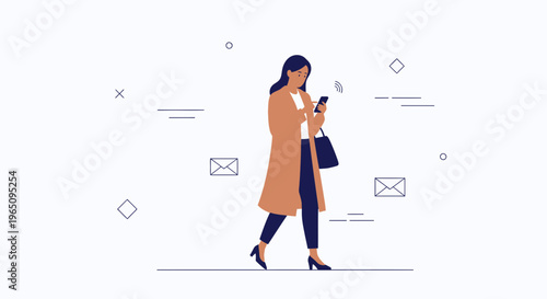 Woman walking with smartphone, receiving notifications, digital communication concept