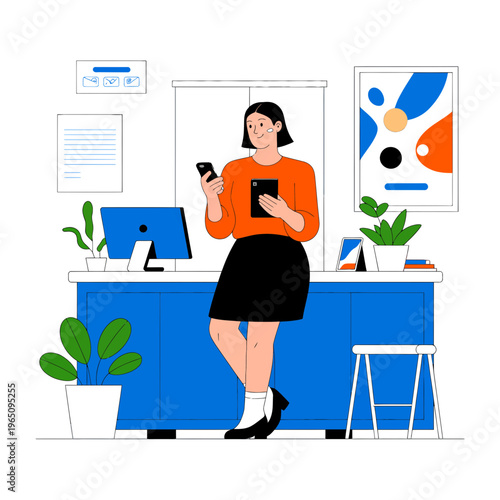 A woman in an office using a tablet and smartphone at a desk