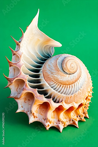 Large Tropical Seashell with Spikes on Green Background