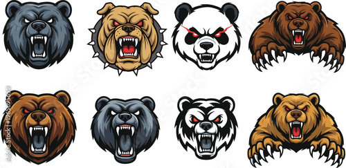 Aggressive bear mascot head collection featuring fierce expressions, roaring poses, and bold cartoon animal designs for sports team and emblem vector illustration